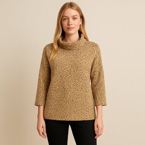 2/$30 Chico's Leopard Print Cowl Neck Sweater 3 Quarter Sleeve Tan 12 #BAG5